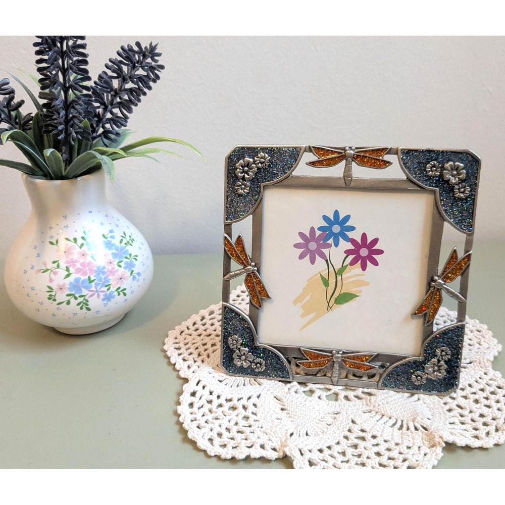 Vintage Dragonfly Photo Frame 4x4 Glitter Enamel Floral Pewter Look